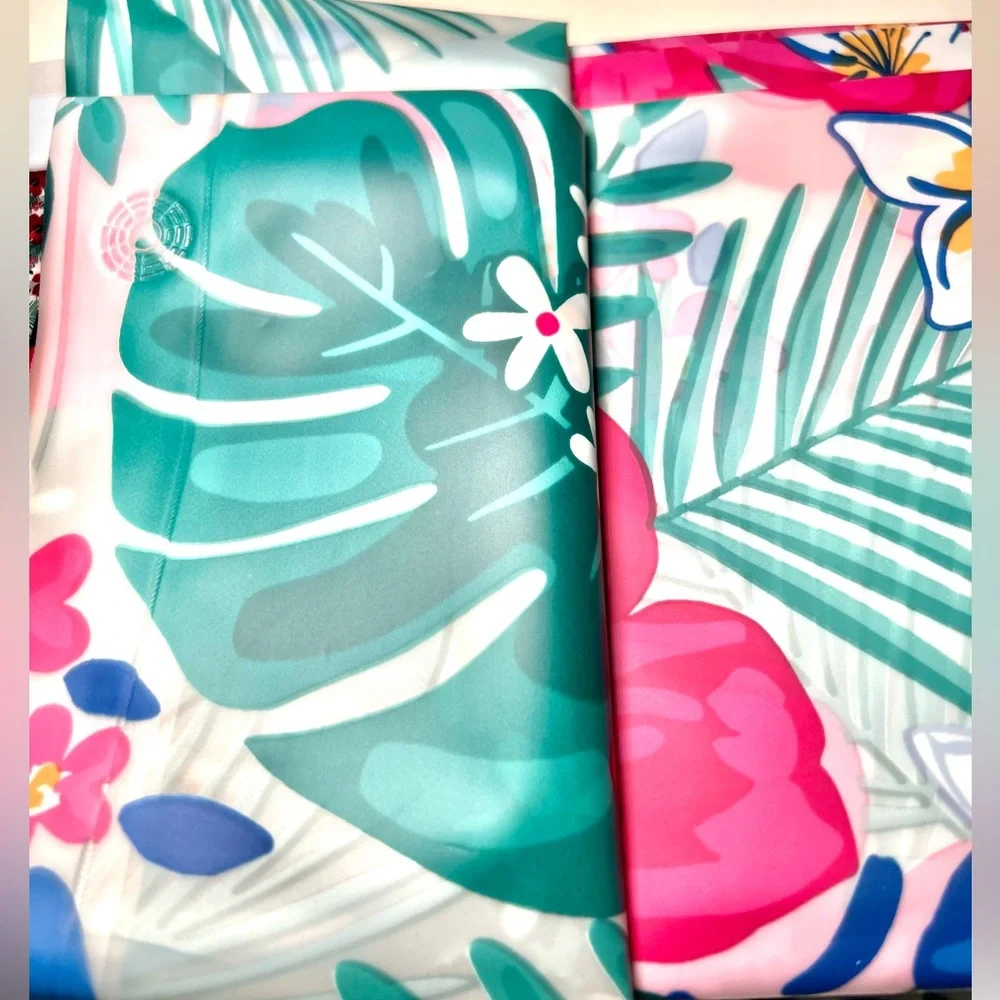 Tropical Fiesta Hibiscus Flowers & Leaves Peva Shower Curtain Pink Green